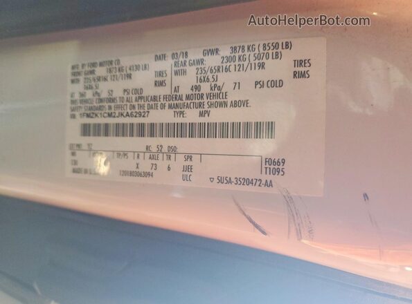 1FMZK1CM2JKA62927 2018 FORD TRANSIT White Vista de la etiqueta del VIN