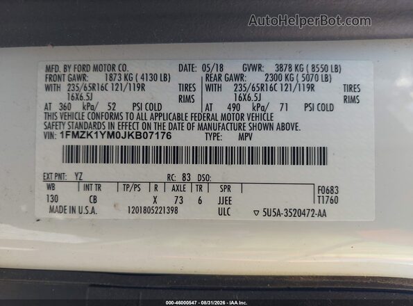 1FMZK1YM0JKB07176 2018 FORD TRANSIT-150 White Widok komory silnika