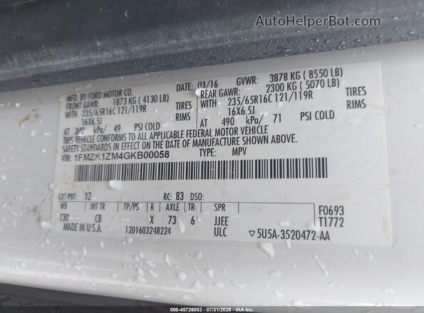 1FMZK1ZM4GKB00058 2016 FORD TRANSIT-150 White Շարժիչի բաժամունքի տեսք