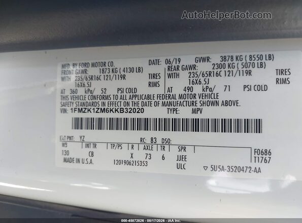 1FMZK1ZM6KKB32020 2019 FORD TRANSIT-150 White Շարժիչի բաժամունքի տեսք
