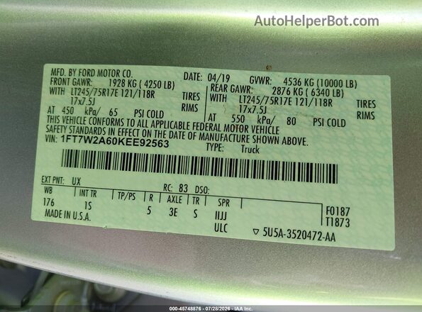 1FT7W2A60KEE92563 2019 FORD F-250 Silver Շարժիչի բաժամունքի տեսք