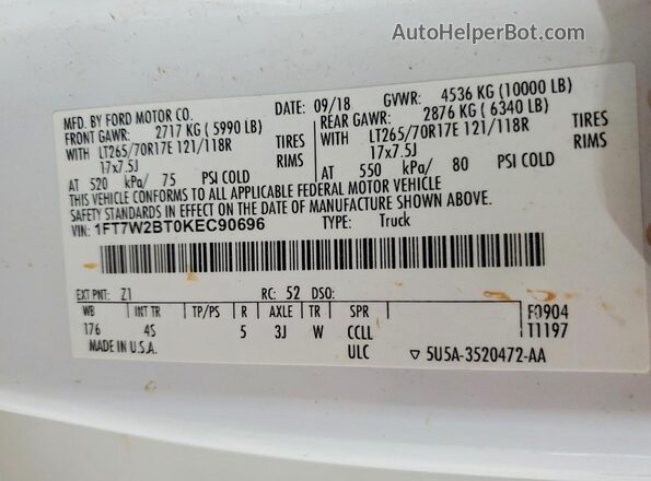 1FT7W2BT0KEC90696 2019 FORD F250 Белый Вид наклейки с VIN-кодом
