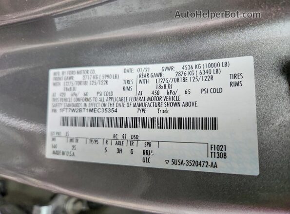 1FT7W2BT1MEC35354 2021 FORD F250 Silver Вид підкапотного простору