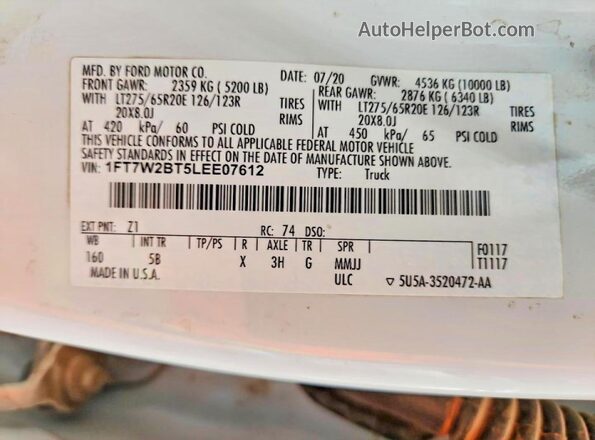 1FT7W2BT5LEE07612 2020 FORD F250 Белый Вид подкапотного пространства