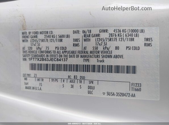 1FT7X2B63JEC84137 2018 FORD F-250 White Vista del compartimento del motor