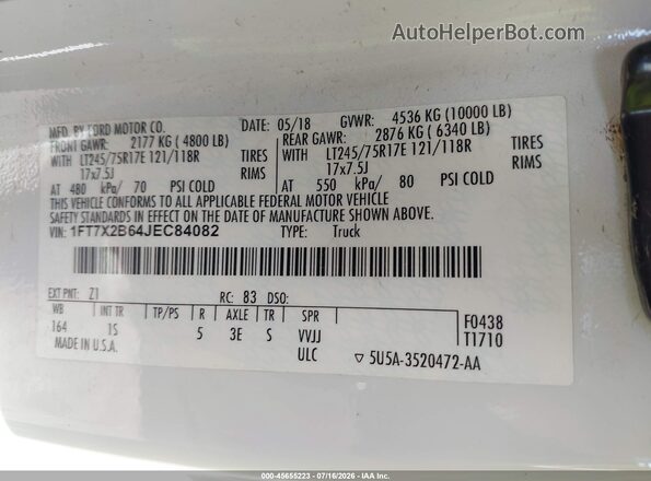 1FT7X2B64JEC84082 2018 FORD F-250 White Շարժիչի բաժամունքի տեսք