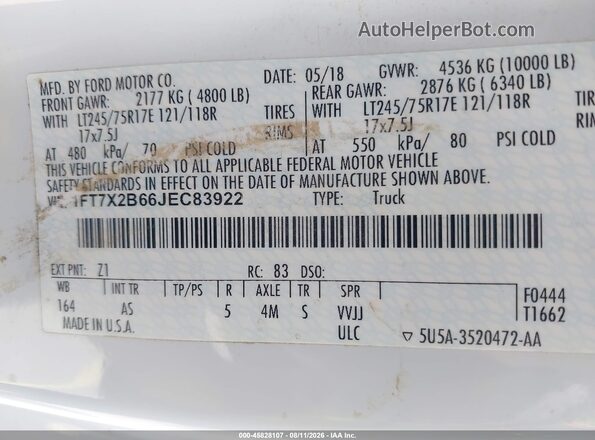 1FT7X2B66JEC83922 2018 FORD F-250 White Շարժիչի բաժամունքի տեսք