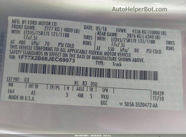 1FT7X2B68JEC69973 2018 FORD F-250 Silver Vista del compartimento del motor