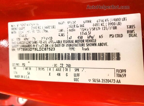 1FT8W3DT8LEC87523 2020 FORD F350 Красный Вид подкапотного пространства
