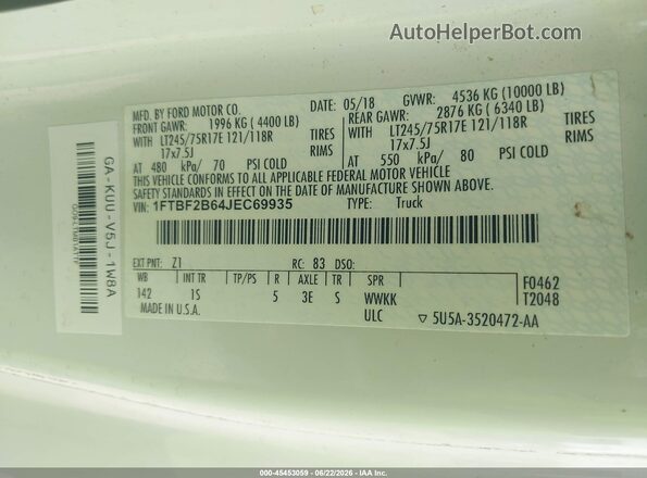 1FTBF2B64JEC69935 2018 FORD F-250 White ძრავის განყოფილების ხედი