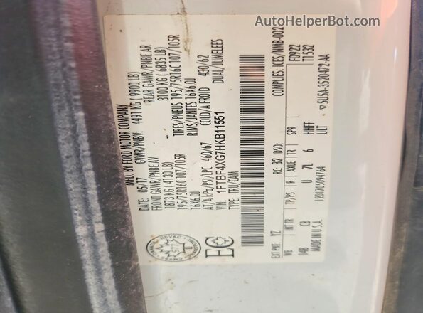 1FTBF4XG7HKB11551 2017 FORD TRANSIT White Widok wnętrza 360 stopni
