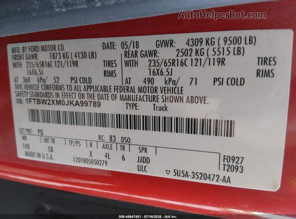 1FTBW2XM0JKA99789 2018 FORD TRANSIT-350 Красный Вид подкапотного пространства