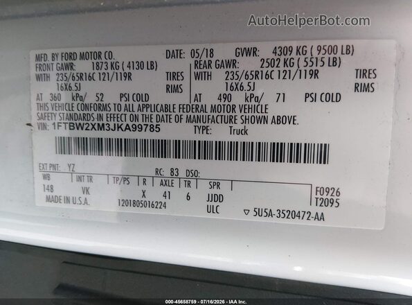 1FTBW2XM3JKA99785 2018 FORD TRANSIT-350 White Engine compartment view