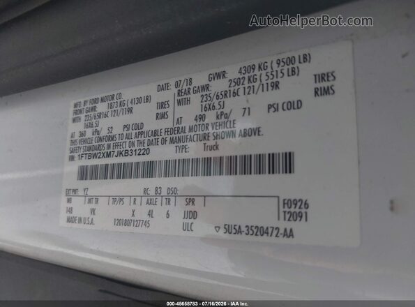 1FTBW2XM7JKB31220 2018 FORD TRANSIT-350 Белый Вид подкапотного пространства