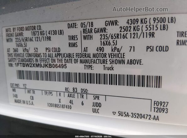 1FTBW2XM9JKB06495 2018 FORD TRANSIT-350 White Vista del compartimento del motor