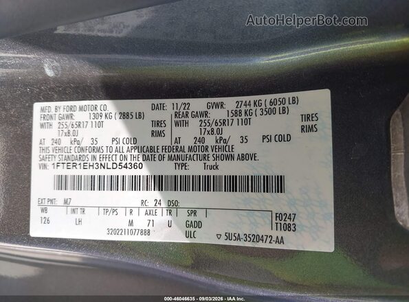 1FTER1EH3NLD54360 2022 FORD RANGER Gray Вид підкапотного простору