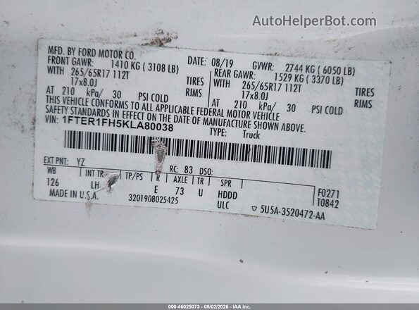 1FTER1FH5KLA80038 2019 FORD RANGER White Vista del compartimento del motor