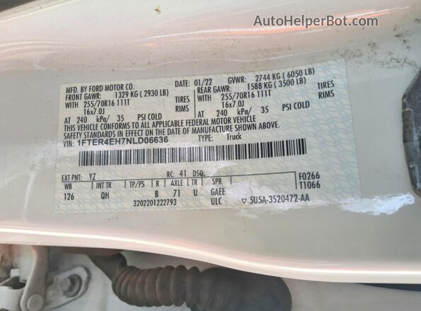 1FTER4EH7NLD06636 2022 FORD RANGER White Вид підкапотного простору