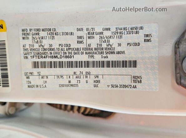 1FTER4FH8MLD18601 2021 FORD RANGER White Vista del compartimento del motor