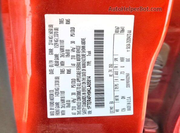 1FTER4FH9KLA05814 2019 FORD RANGER Красный Вид наклейки с VIN-кодом