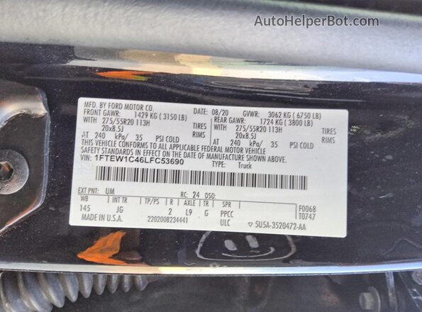 1FTEW1C46LFC53690 2020 FORD F150 Black Շարժիչի բաժամունքի տեսք