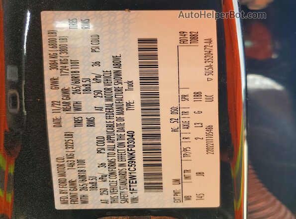 1FTEW1C59NKF03040 2022 FORD F150 Black Vista de la etiqueta del VIN