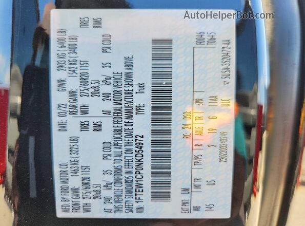 1FTEW1CP0NKD54972 2022 FORD F150 Black Vista del compartimento del motor