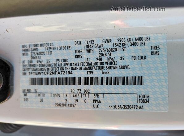 1FTEW1CP2NFA72194 2022 FORD F150 White Vista del compartimento del motor
