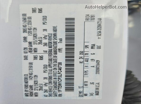 1FTEW1CP3LFC46738 2020 FORD F150 White VIN sticker view