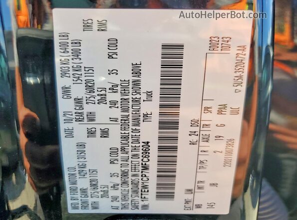 1FTEW1CP7MFC69604 2021 FORD F150 Black Vista de la etiqueta del VIN