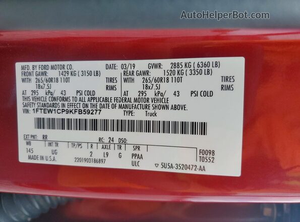 1FTEW1CP9KFB59277 2019 FORD F150 Red ძრავის განყოფილების ხედი