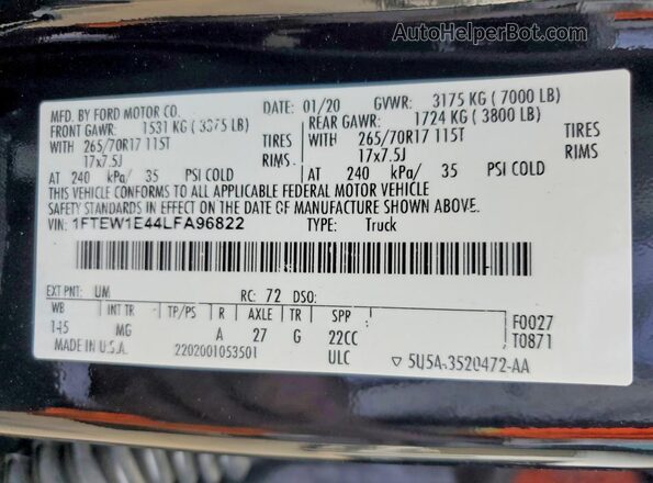 1FTEW1E44LFA96822 2020 FORD F150 Black Widok komory silnika