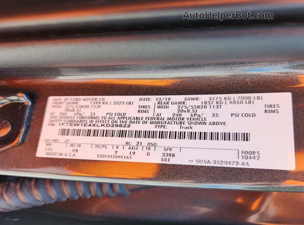1FTEW1E4XLKD29822 2020 FORD F150 Gray Vista de la etiqueta del VIN