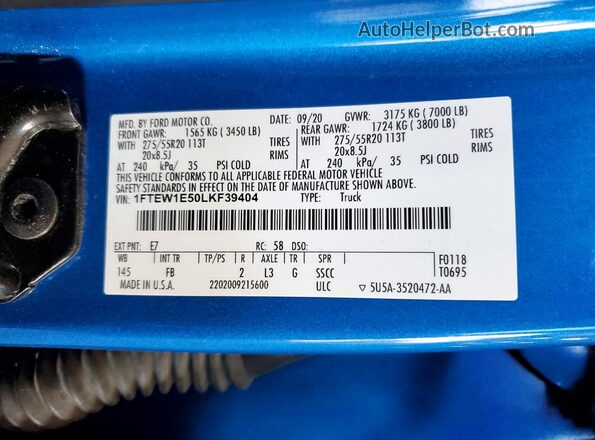 1FTEW1E50LKF39404 2020 FORD F150 Blue Vista del compartimento del motor