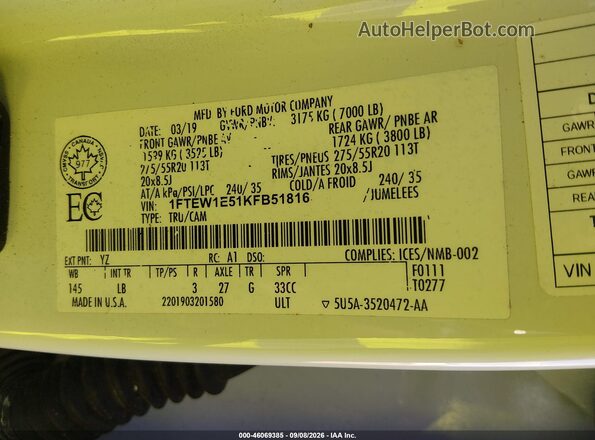 1FTEW1E51KFB51816 2019 FORD F150 Белый Вид подкапотного пространства