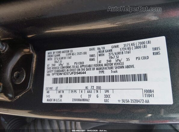 1FTEW1E57JFD54644 2018 FORD F150 Gray Vista del compartimento del motor