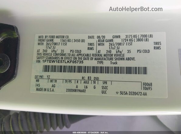 1FTEW1E57LKF05735 2020 FORD F150 Белый Вид подкапотного пространства