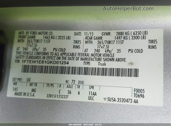 1FTEW1E81GKD01254 2016 FORD F150 Gray Vista del compartimento del motor