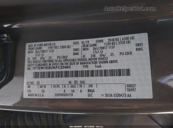 1FTEW1EB3KFC20463 2019 FORD F150 Brown Engine compartment view