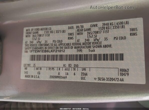 1FTEW1EB6LKF21012 2020 FORD F150 Silver ძრავის განყოფილების ხედი