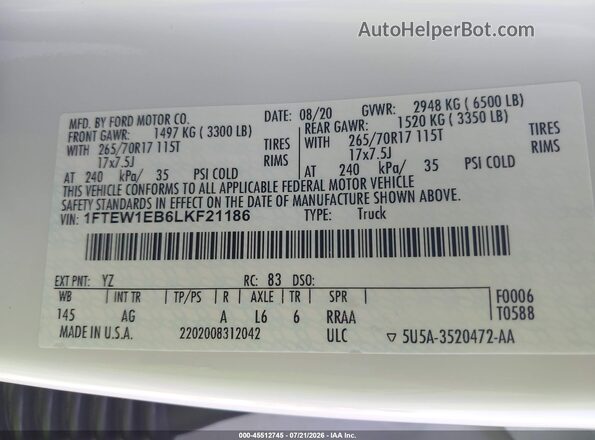1FTEW1EB6LKF21186 2020 FORD F150 Белый Вид подкапотного пространства