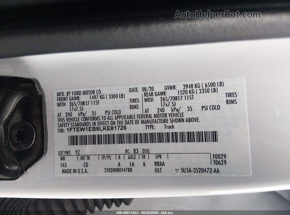 1FTEW1EB8LKE81726 2020 FORD F150 White Widok komory silnika
