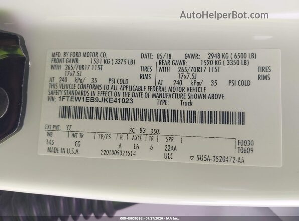 1FTEW1EB9JKE41023 2018 FORD F150 Белый Вид подкапотного пространства