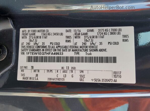 1FTEW1EG7HFA49933 2017 FORD F150 Black Widok komory silnika