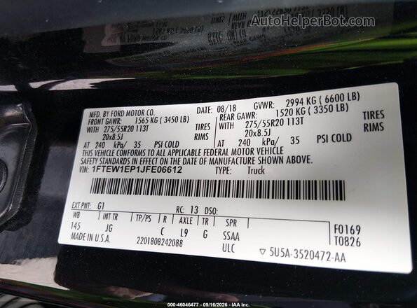 1FTEW1EP1JFE06612 2018 FORD F150 Black Widok komory silnika