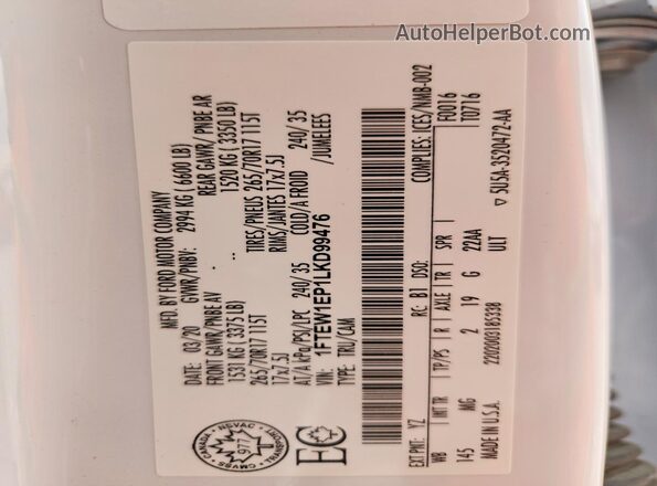 1FTEW1EP1LKD99476 2020 FORD F150 White Вид наклейки з VIN-кодом