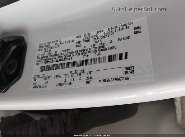 1FTEW1EP4LKE82044 2020 FORD F150 White Շարժիչի բաժամունքի տեսք