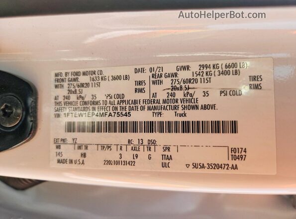 1FTEW1EP4MFA75545 2021 FORD F150 White VIN კოდის სტიკერის ხედი