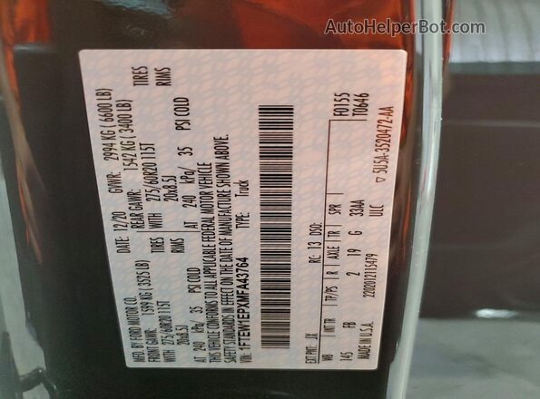 1FTEW1EPXMFA43764 2021 FORD F150 Charcoal Вид наклейки з VIN-кодом