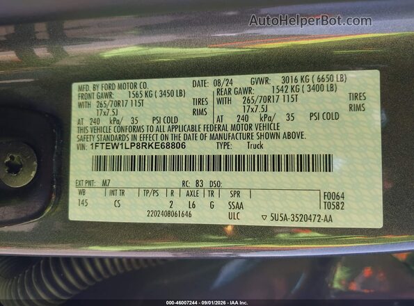 1FTEW1LP8RKE68806 2024 FORD F150 Silver Շարժիչի բաժամունքի տեսք